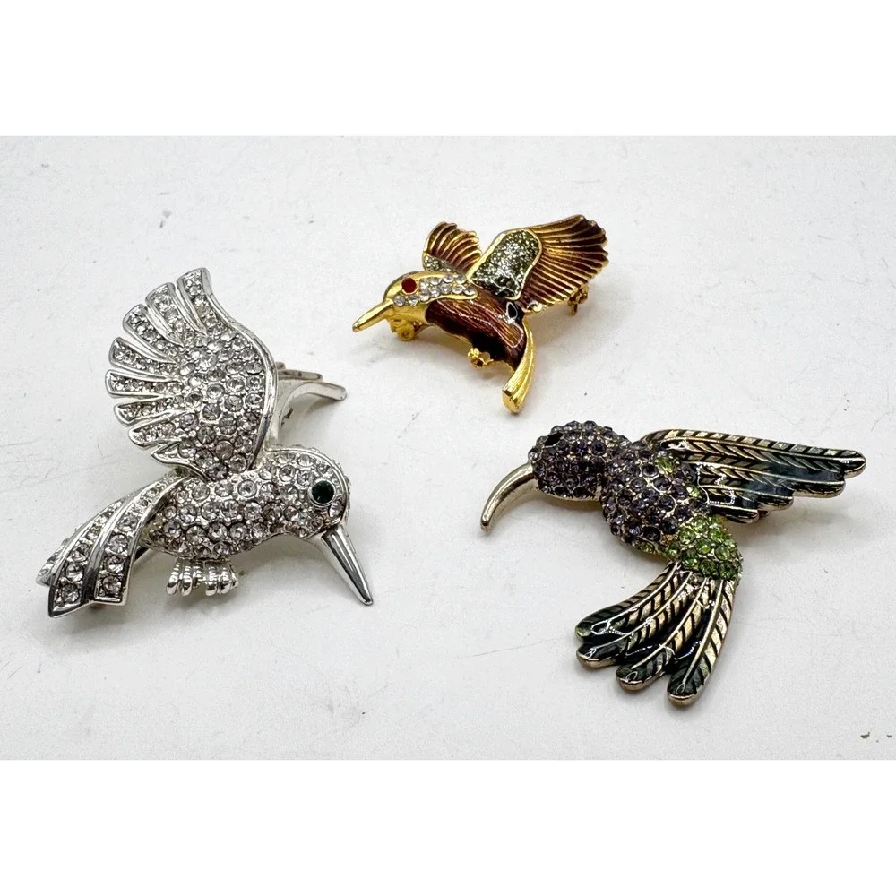 Hummingbird Brooch Pin Set 3pc Rhinestone Enamel Crystal Silver Gold Tone Bird